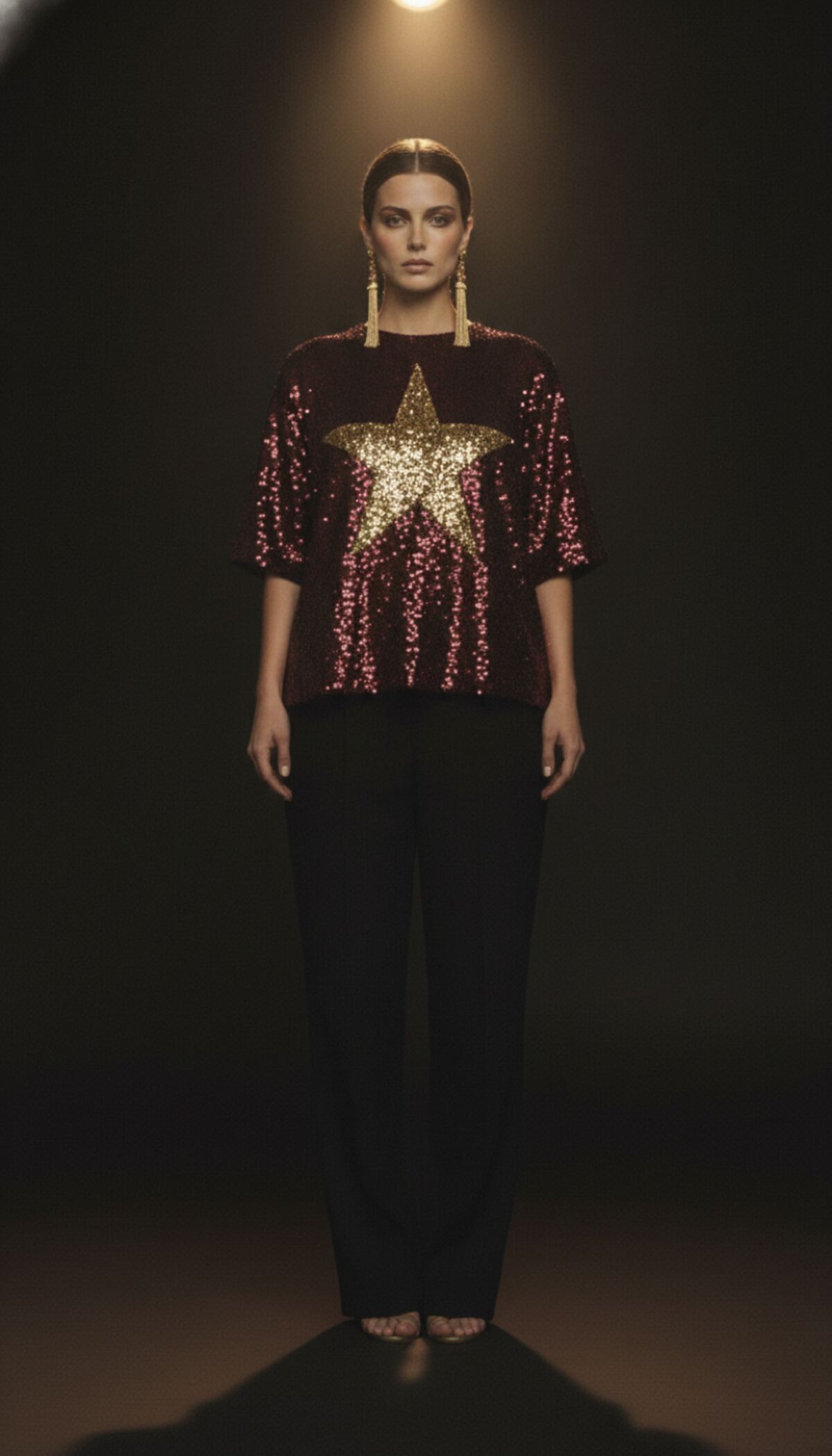 The Starburst — oxblood sequin top with gold motif