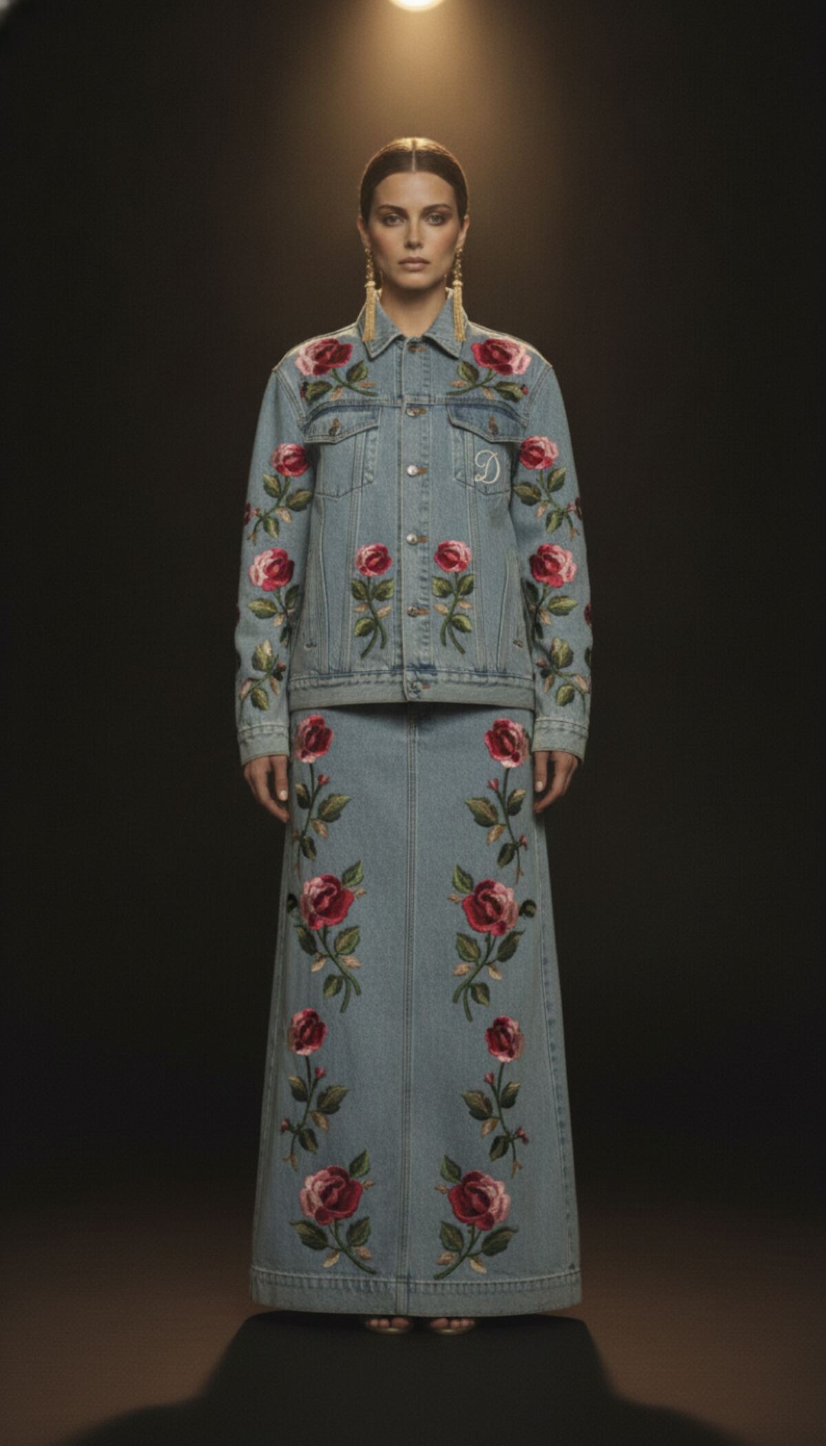 The Climbing Rose — embroidered denim jacket